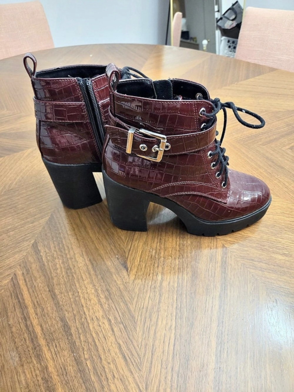 Burgundy Crocodile Embossed Heeled Boots